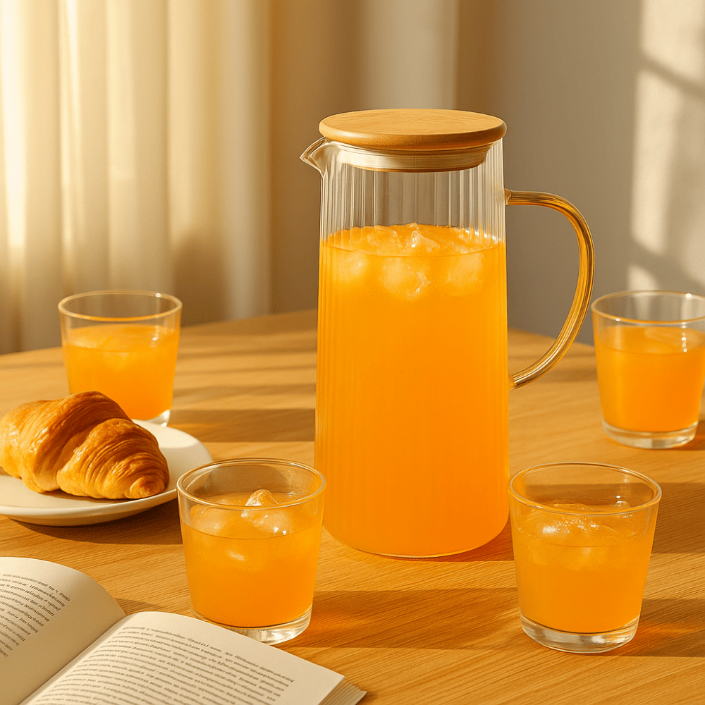 ECHOU 1.1 L Fluted Glass Water Jug with Bamboo Lid & Yellow Handle – Elegant Pitcher for Water, Juice, Lemonade & Beverages