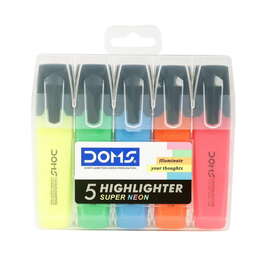 DOMS Super Neon Highlighter Set – Pack of 5 Vibrant Colours for Office & School Use PACK OF 2