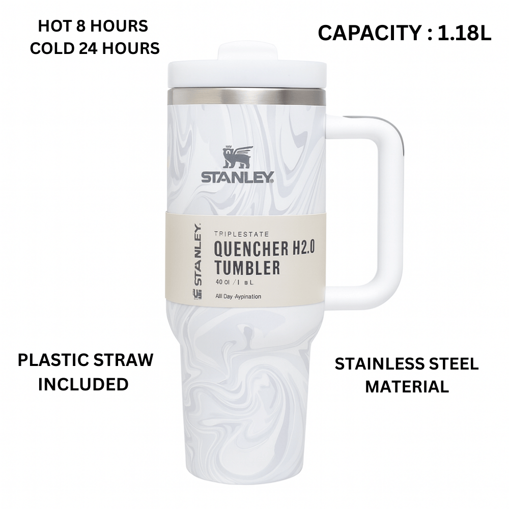 Stanley Quencher H2.0 Tumbler 1.18L – White Marble Swirl, Double-Wall Vacuum Insulated Travel Mug with Handle & Straw
