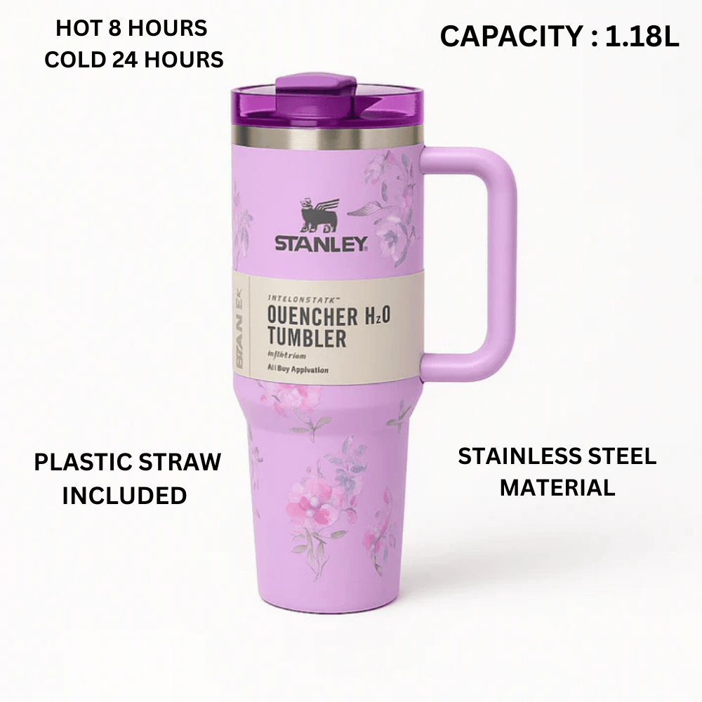 Stanley Quencher H2.0 FlowState Tumbler – 40oz / 1.18L Purple Floral, Vacuum Insulated Stainless Steel with Handle & Straw
