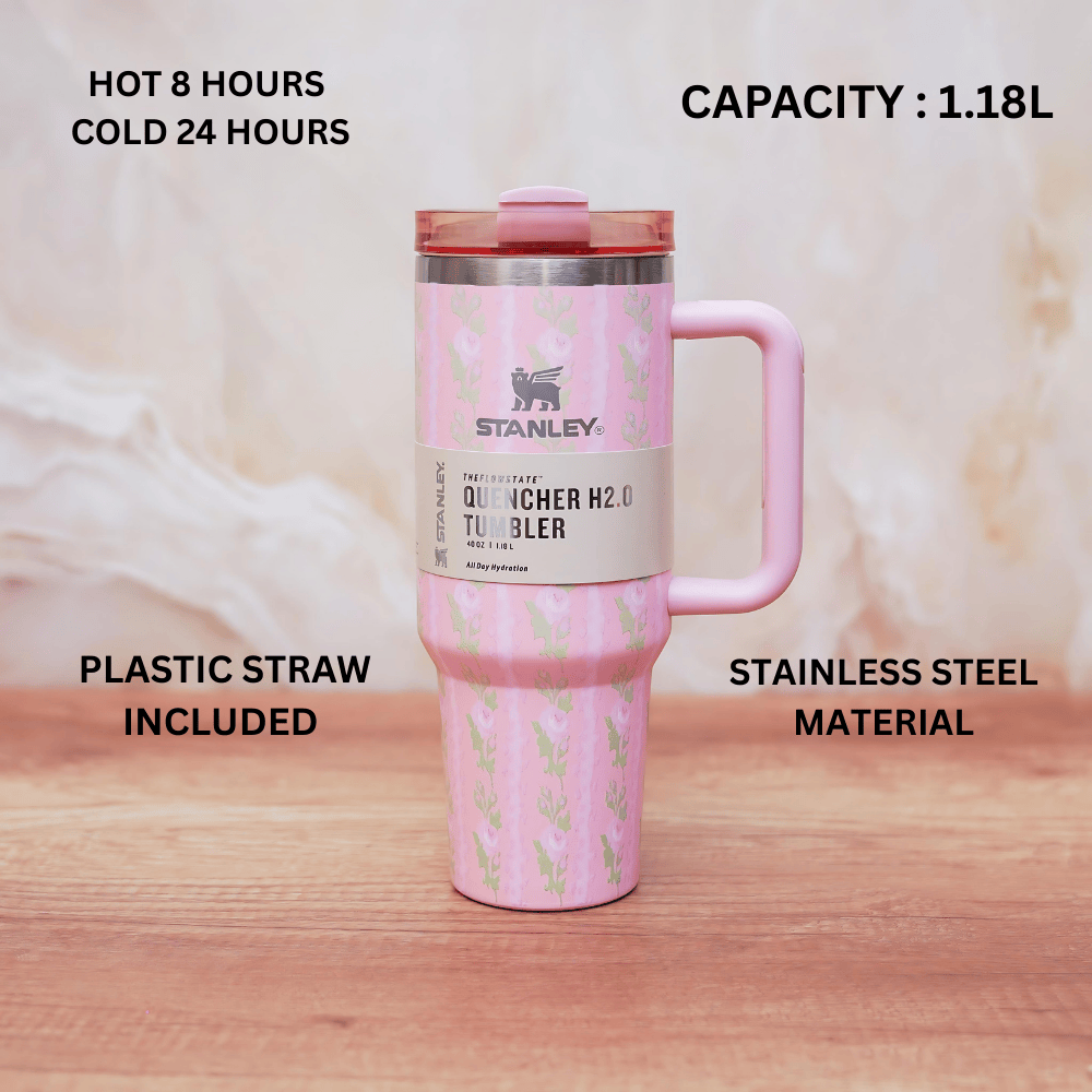 Stanley Quencher H2.0 Tumbler 1.18L – Pink Floral Limited Edition, Double Wall Vacuum Insulated Stainless Steel Mug with Handle & Straw
