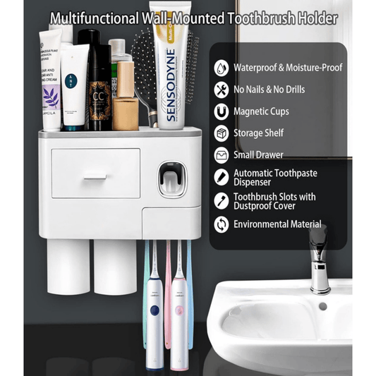 Wall Mounted Toothbrush Holder with 2 Cups and Storage Shelf – Bathroom Organizer