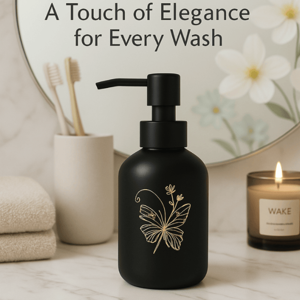 Matte Glass Soap Dispenser with Gold Butterfly Design – 300ml Refillable Pump Bottle
