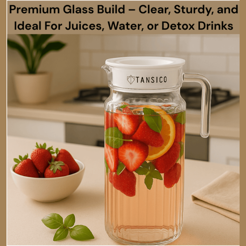 TANSICO 1.1 L Glass Water Jug with Handle & Lid – Clear Pitcher for Water, Juice & Beverages