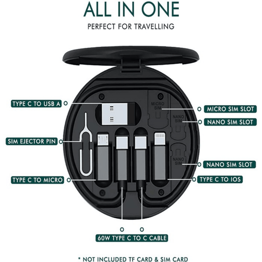 60W Multi-Function Data Cable Set – Portable 6-in-1 Charging Kit with USB, Type-C, Micro and SIM Tools