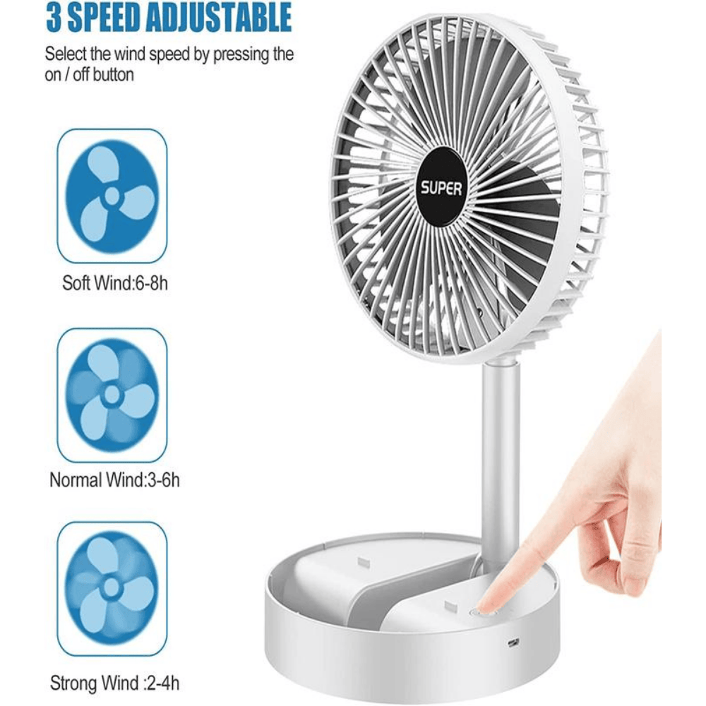 Portable Folding Fan – Adjustable Height, Rechargeable Table & Floor Fan with Quiet Operation for Home, Office & Travel
