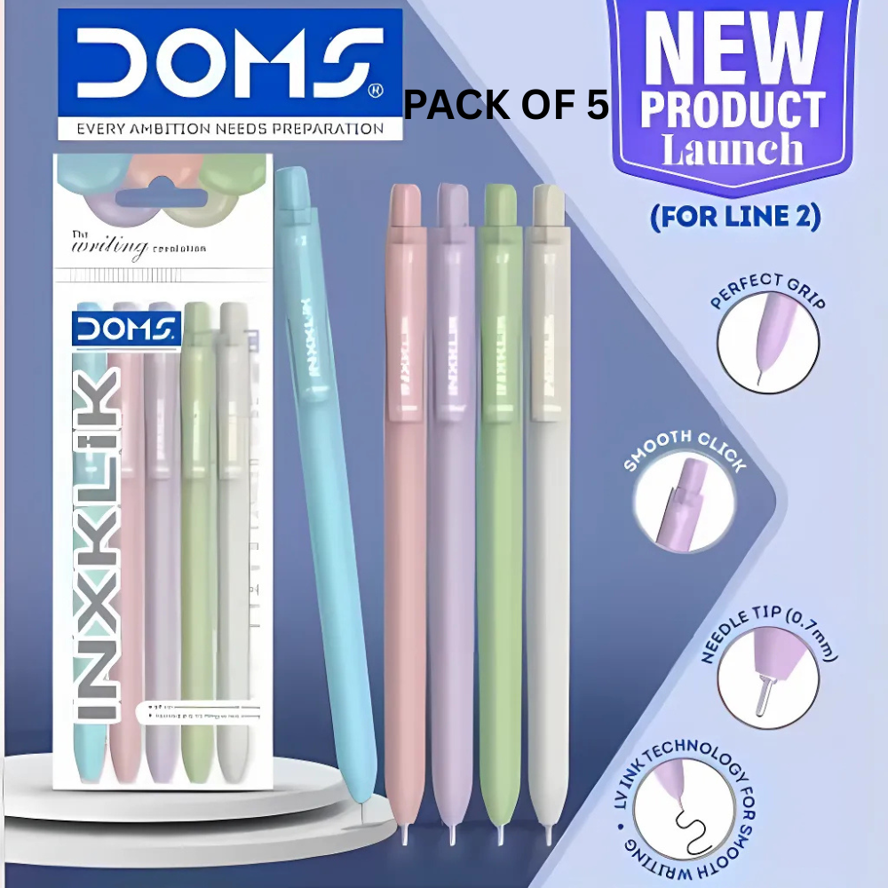 DOMS INXKLIK Smooth Ball Pen – Blue Ink | Pack of 5 Click Pens with 0.7mm Tip for Effortless Writing