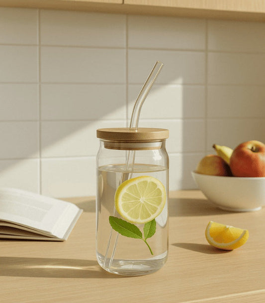 Cola Glass Tumbler 500ml with Bamboo Lid & Glass Straw – Eco-Friendly Reusable Drinking Cup