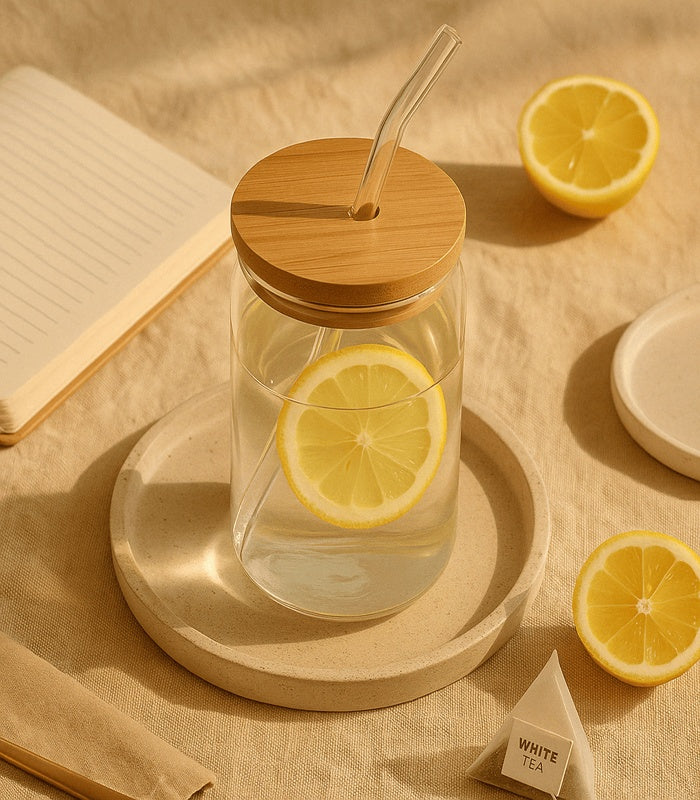 Cola Glass Tumbler 500ml with Bamboo Lid & Glass Straw – Eco-Friendly Reusable Drinking Cup