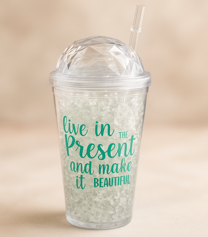 450ml Motivational Sipper Tumbler with Dome Lid & Straw – "Live in the Present" Printed Travel Cup
