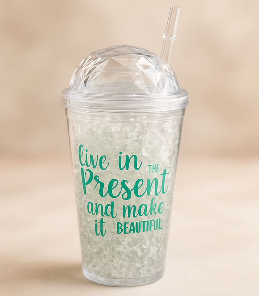 450ml Motivational Sipper Tumbler with Dome Lid & Straw – "Live in the Present" Printed Travel Cup