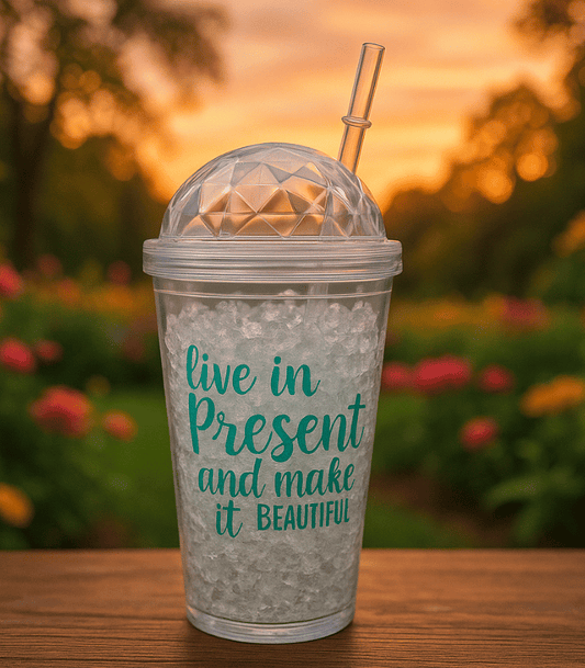 450ml Motivational Sipper Tumbler with Dome Lid & Straw – "Live in the Present" Printed Travel Cup
