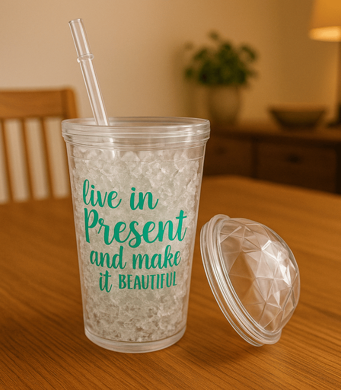 450ml Motivational Sipper Tumbler with Dome Lid & Straw – "Live in the Present" Printed Travel Cup