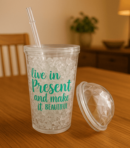 450ml Motivational Sipper Tumbler with Dome Lid & Straw – "Live in the Present" Printed Travel Cup