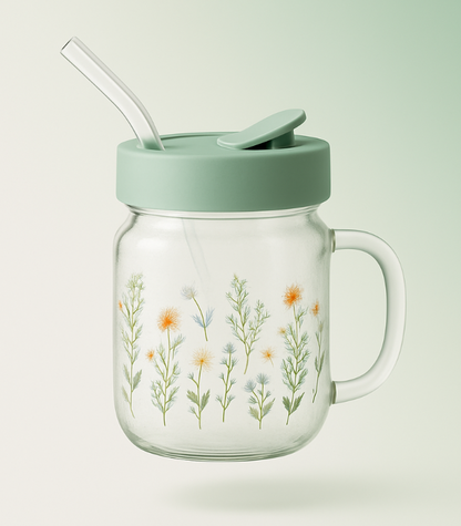Fragrant Summer 600ml Glass Mug with Lid & Straw – Floral Print Drinking Jar for Juice, Smoothies & Iced Beverages