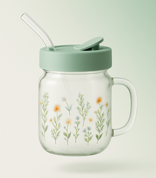 Fragrant Summer 600ml Glass Mug with Lid & Straw – Floral Print Drinking Jar for Juice, Smoothies & Iced Beverages