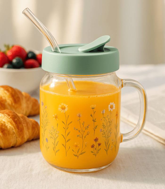 Fragrant Summer 600ml Glass Mug with Lid & Straw – Floral Print Drinking Jar for Juice, Smoothies & Iced Beverages