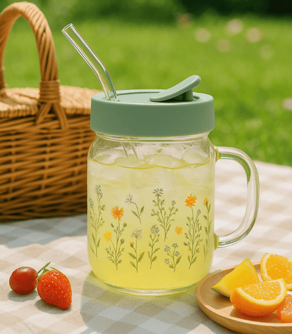 Fragrant Summer 600ml Glass Mug with Lid & Straw – Floral Print Drinking Jar for Juice, Smoothies & Iced Beverages