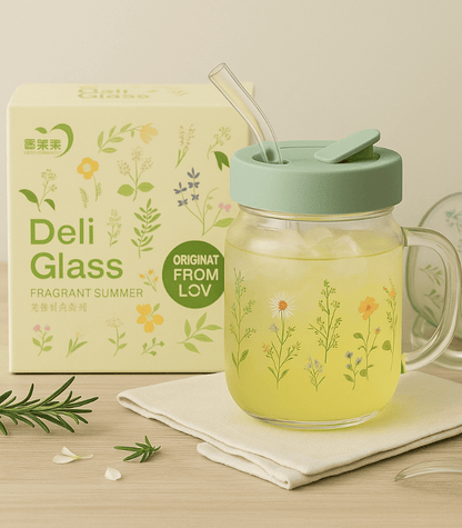 Fragrant Summer 600ml Glass Mug with Lid & Straw – Floral Print Drinking Jar for Juice, Smoothies & Iced Beverages