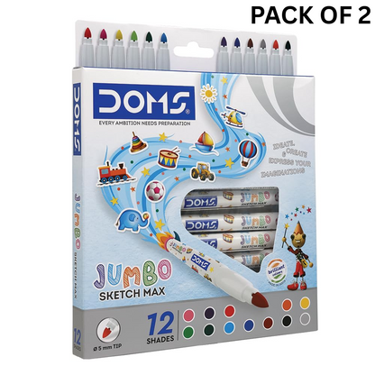 DOMS Jumbo Sketch Max Markers – 12 Assorted Shades | Bold Tip Washable Colour Pens for Kids' Drawing & Art Projects PACK OF 2