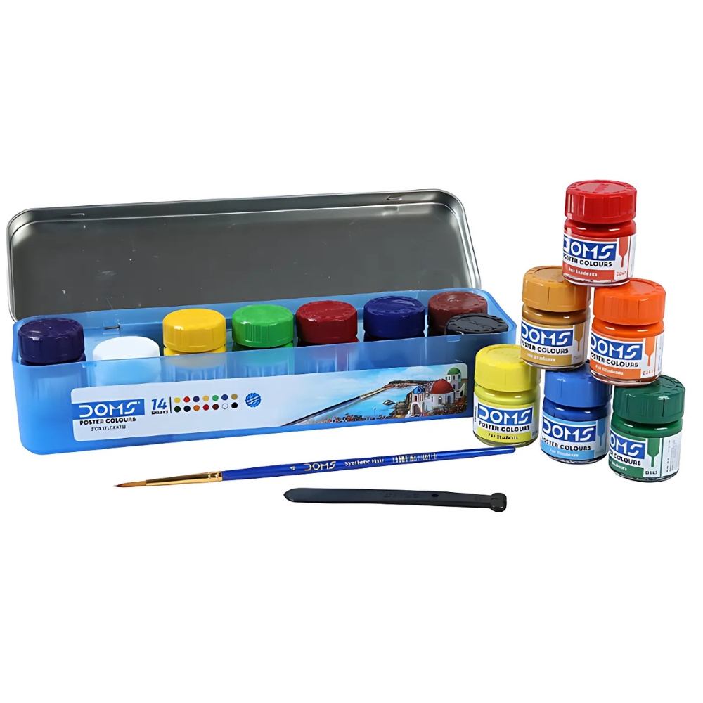 DOMS Poster Colours – 14 Brilliant Shades for Students | Water-Based Paint Set with Free Brush & Agitator for School Projects & Artwork PACK OF 1