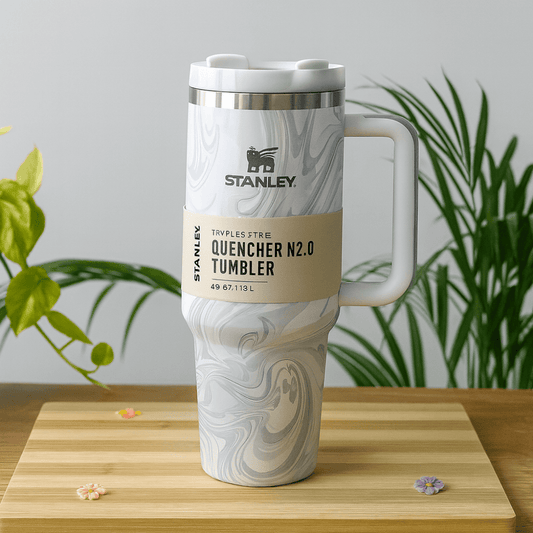 Stanley Quencher H2.0 Tumbler 1.18L – White Marble Swirl, Double-Wall Vacuum Insulated Travel Mug with Handle & Straw