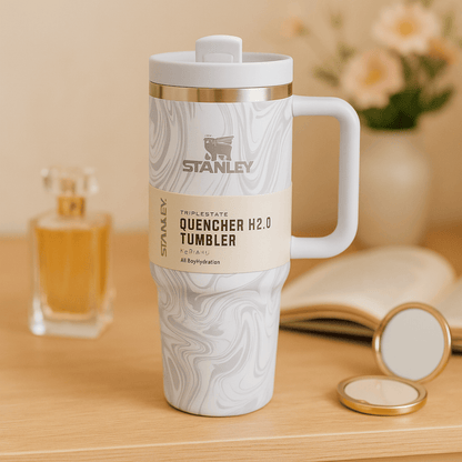 Stanley Quencher H2.0 Tumbler 1.18L – White Marble Swirl, Double-Wall Vacuum Insulated Travel Mug with Handle & Straw