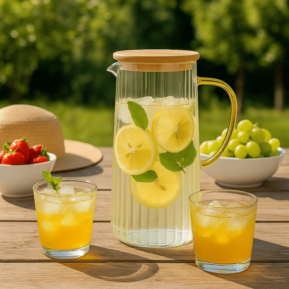 ECHOU 1.1 L Fluted Glass Water Jug with Bamboo Lid & Yellow Handle – Elegant Pitcher for Water, Juice, Lemonade & Beverages