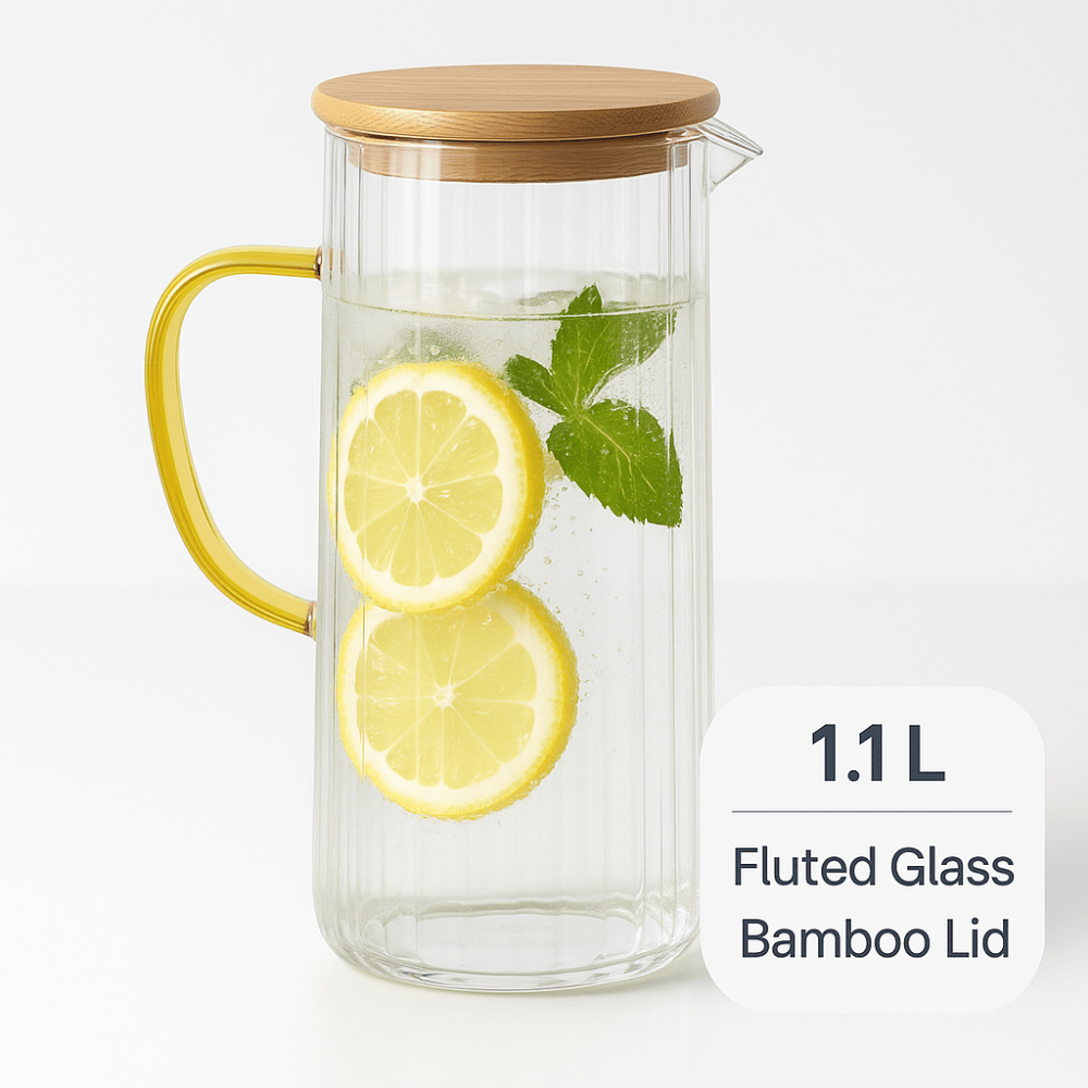 ECHOU 1.1 L Fluted Glass Water Jug with Bamboo Lid & Yellow Handle – Elegant Pitcher for Water, Juice, Lemonade & Beverages