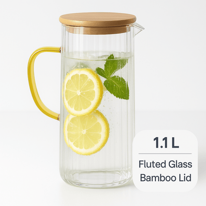 ECHOU 1.1 L Fluted Glass Water Jug with Bamboo Lid & Yellow Handle – Elegant Pitcher for Water, Juice, Lemonade & Beverages