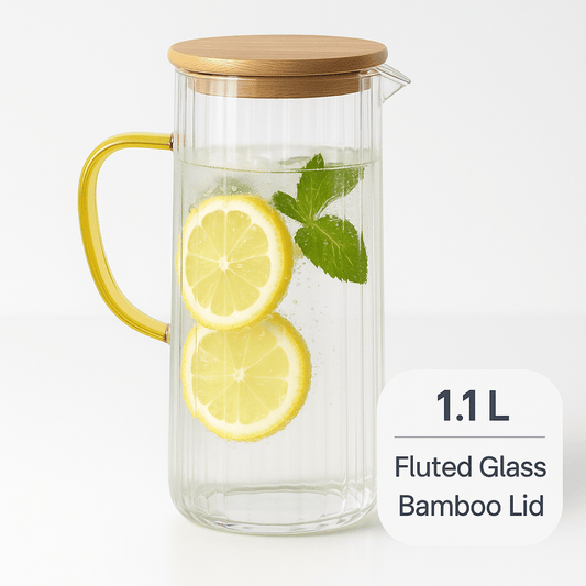 ECHOU 1.1 L Fluted Glass Water Jug with Bamboo Lid & Yellow Handle – Elegant Pitcher for Water, Juice, Lemonade & Beverages