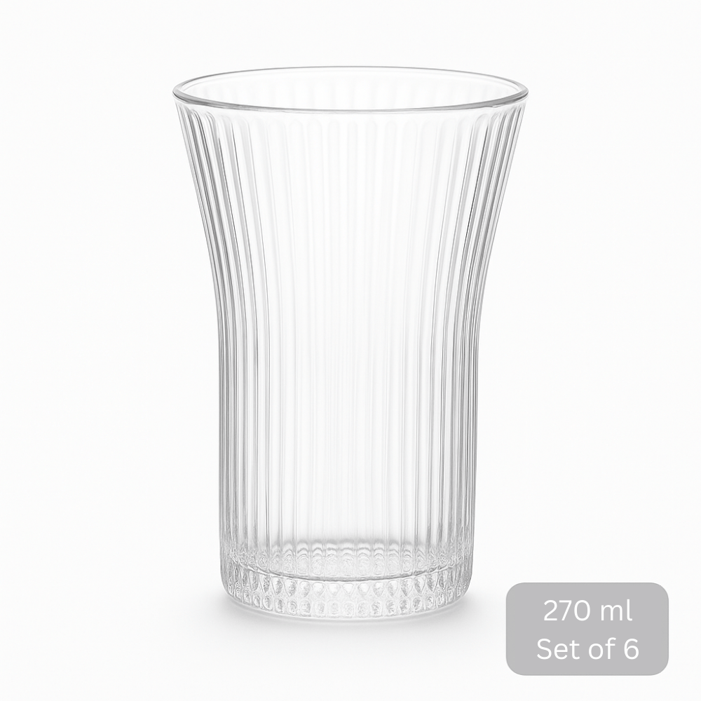 DELI Premium Water Glass Set Of 6 – 270ml Clear Ribbed Drinking Glasses for Water, Juice & Beverages – Set of 6