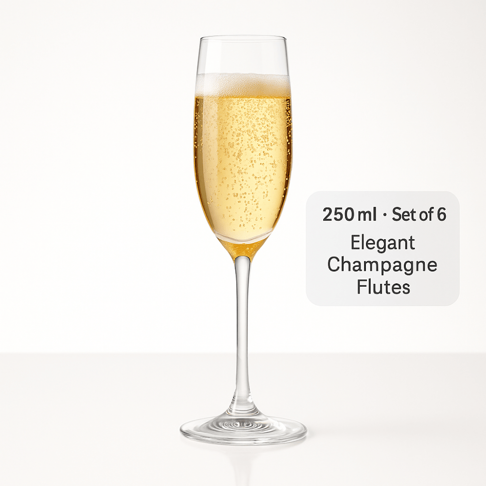 DELI Champagne Flute Glass Set Of 6 – 250ml Crystal Clear Wine Glasses for Sparkling Wine, Prosecco & Mimosas
