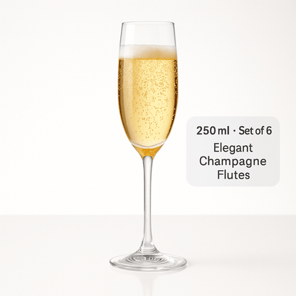 DELI Champagne Flute Glass Set Of 6 – 250ml Crystal Clear Wine Glasses for Sparkling Wine, Prosecco & Mimosas