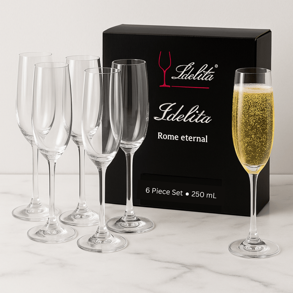 DELI Champagne Flute Glass Set Of 6 – 250ml Crystal Clear Wine Glasses for Sparkling Wine, Prosecco & Mimosas
