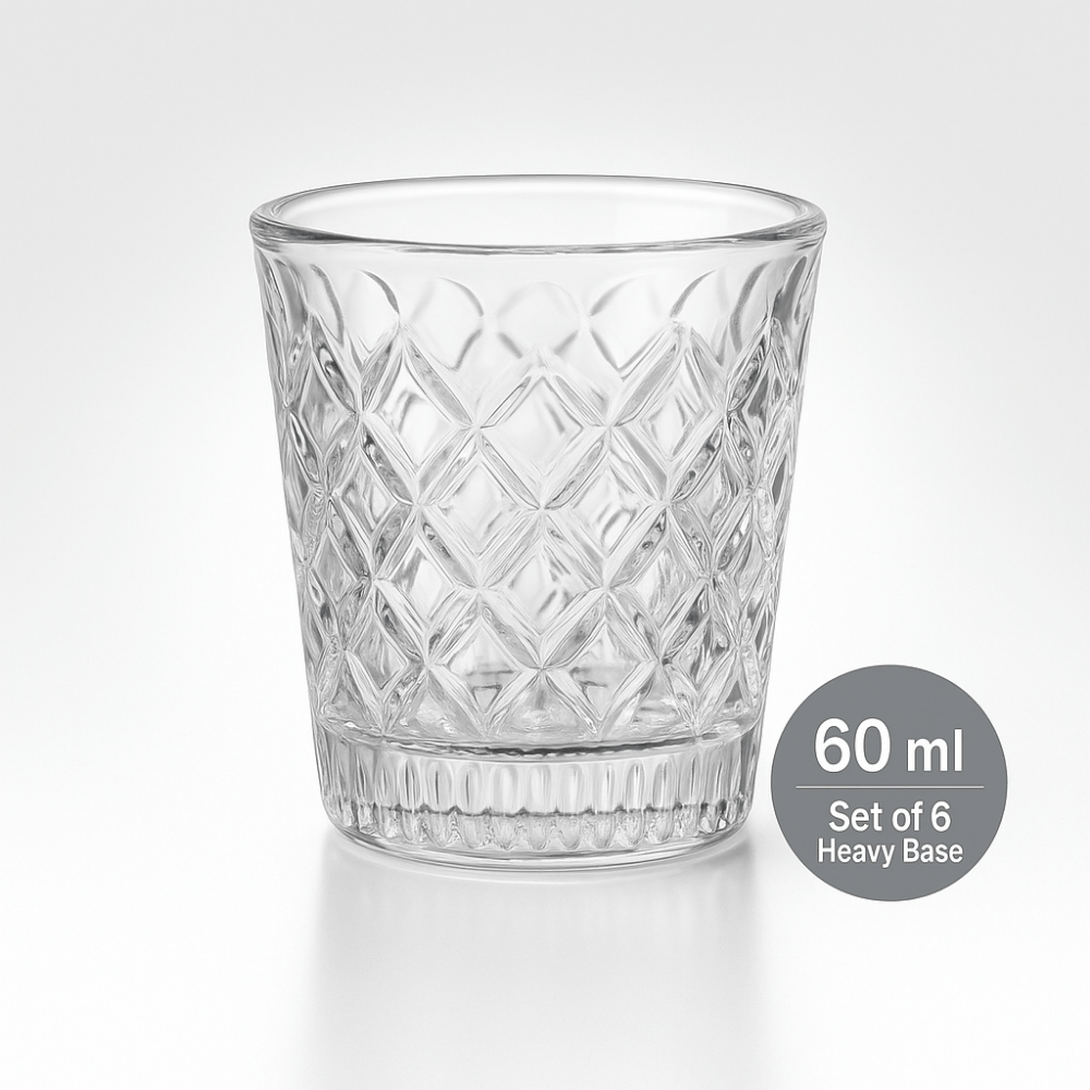 Diamond Cut Shot Glass Set – 60ml Heavy Base Whiskey & Liquor Glasses, Set of 6
