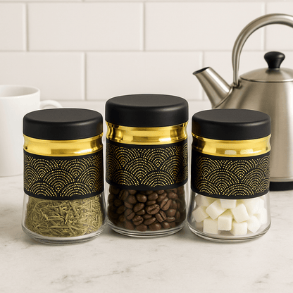 3-Piece 420ml Stainless Steel Tea, Coffee & Sugar Storage Jar Set – Airtight Glass Containers with Black & Gold Design