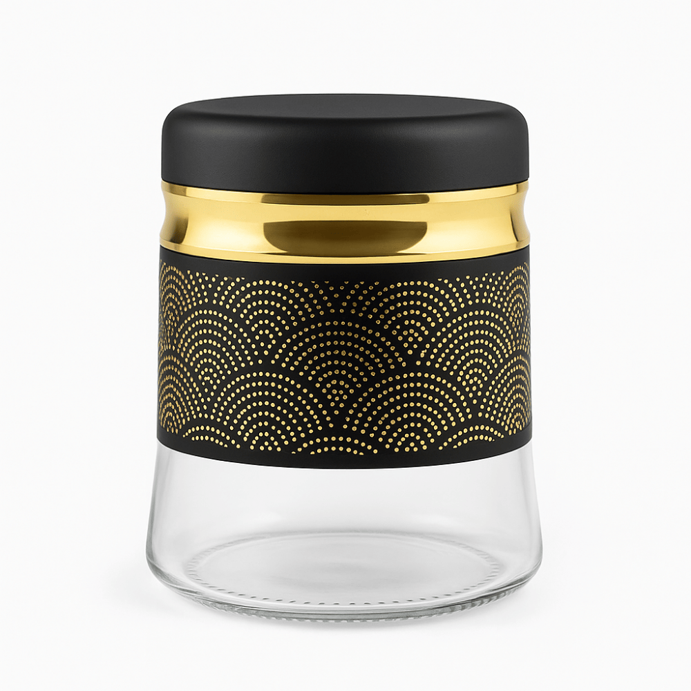 3-Piece 420ml Stainless Steel Tea, Coffee & Sugar Storage Jar Set – Airtight Glass Containers with Black & Gold Design