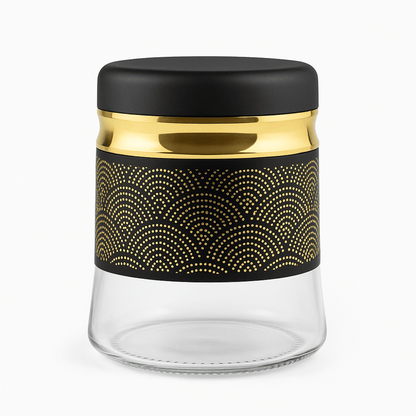 3-Piece 420ml Stainless Steel Tea, Coffee & Sugar Storage Jar Set – Airtight Glass Containers with Black & Gold Design