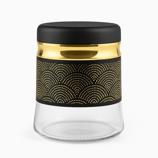 3-Piece 420ml Stainless Steel Tea, Coffee & Sugar Storage Jar Set – Airtight Glass Containers with Black & Gold Design