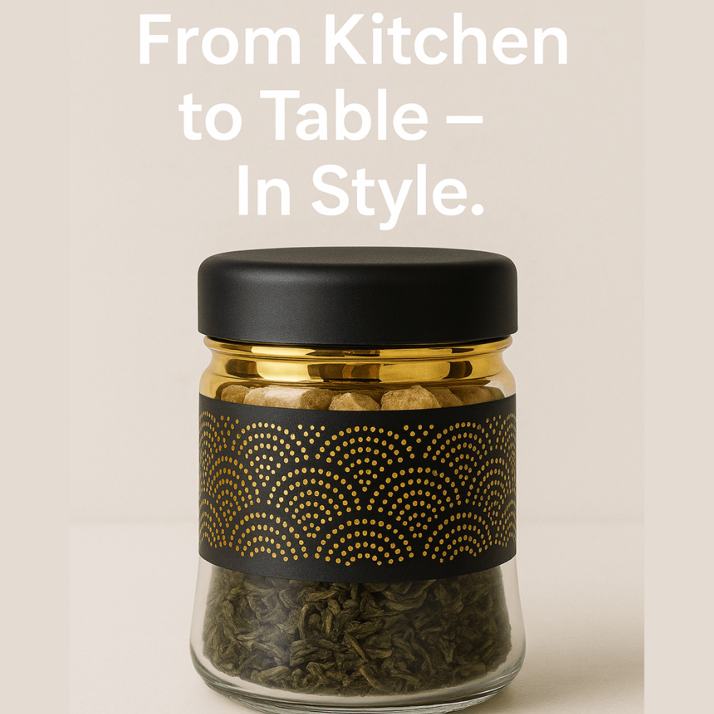 3-Piece 420ml Stainless Steel Tea, Coffee & Sugar Storage Jar Set – Airtight Glass Containers with Black & Gold Design