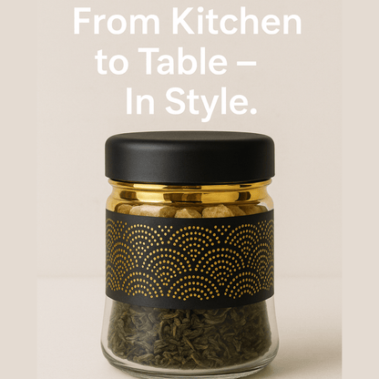 3-Piece 420ml Stainless Steel Tea, Coffee & Sugar Storage Jar Set – Airtight Glass Containers with Black & Gold Design