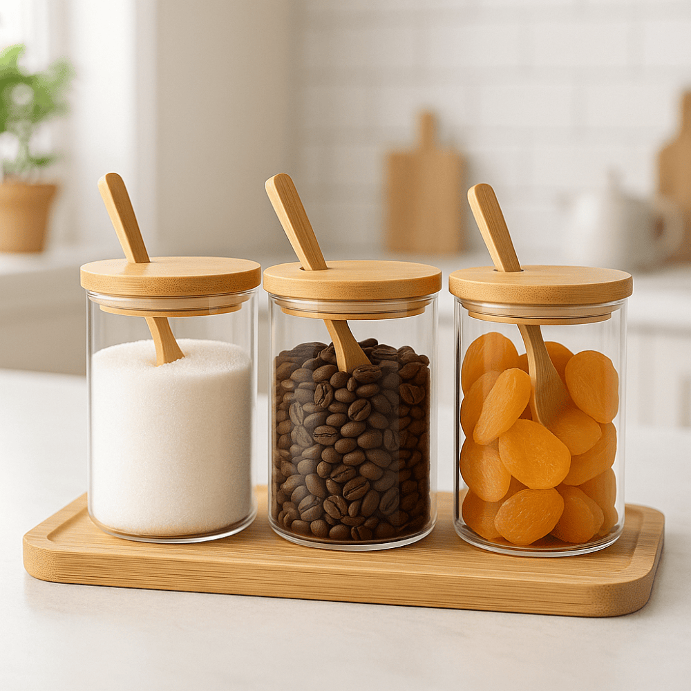 Deli Soga 685ml Glass Storage Jar with Bamboo Lid & Spoon – Airtight Container for Coffee, Sugar, Spices & Dry Foods