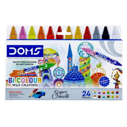 DOMS Bi-Colour Wax Crayons – 24 Dual Shades (Super Smooth Finish & Brilliant Colors) PACK OF 1