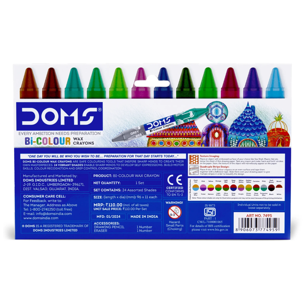 DOMS Bi-Colour Wax Crayons – 24 Dual Shades (Super Smooth Finish & Brilliant Colors) PACK OF 1