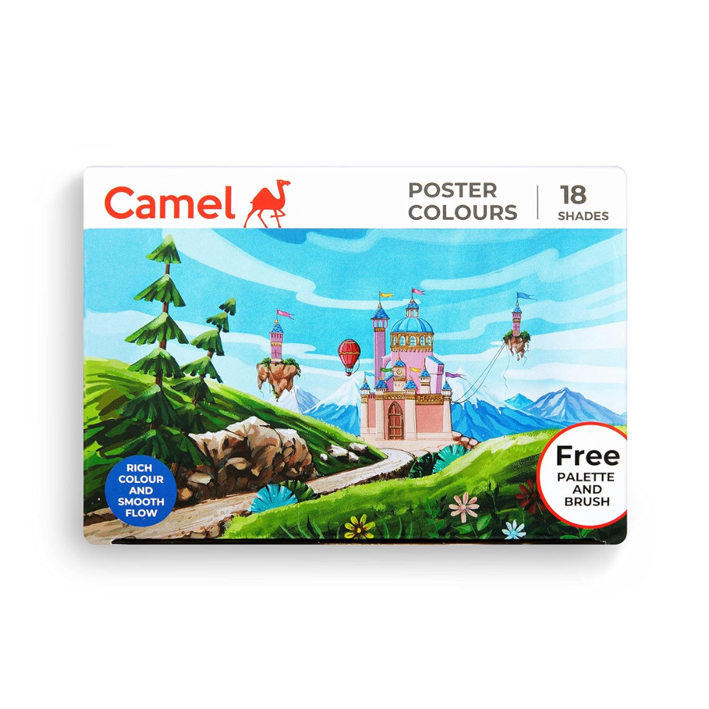 Camel Poster Colours 18 Shades Set with Free Palette & Brush – Vibrant, Rich & Smooth Flow Paints for School Projects, Art & Crafts PACK OF 1