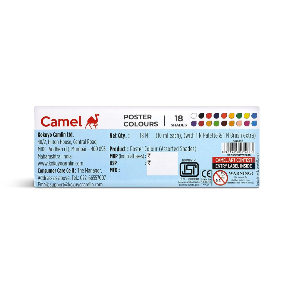 Camel Poster Colours 18 Shades Set with Free Palette & Brush – Vibrant, Rich & Smooth Flow Paints for School Projects, Art & Crafts PACK OF 1