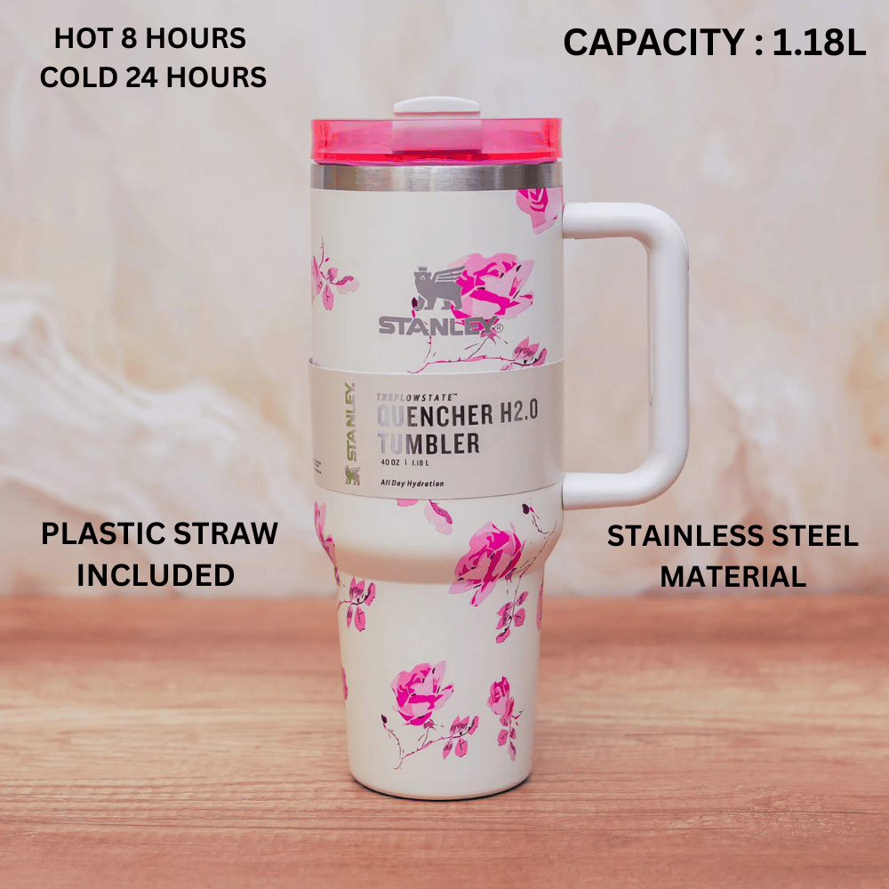 Stanley Quencher H2.0 Tumbler 1.18L – Pink Floral Print with Handle & Straw