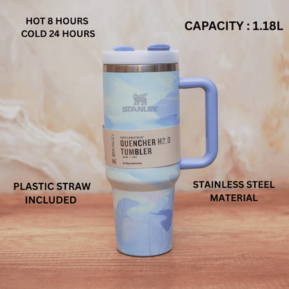 Stanley Quencher H2.0 Tumbler 40oz (1.18L) – Pastel Blue Marble Travel Mug with Handle & Straw