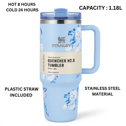 Stanley Quencher H2.0 FlowState Tumbler – 40oz / 1.18L Sky Blue Floral, Vacuum Insulated Stainless Steel with Handle & Straw